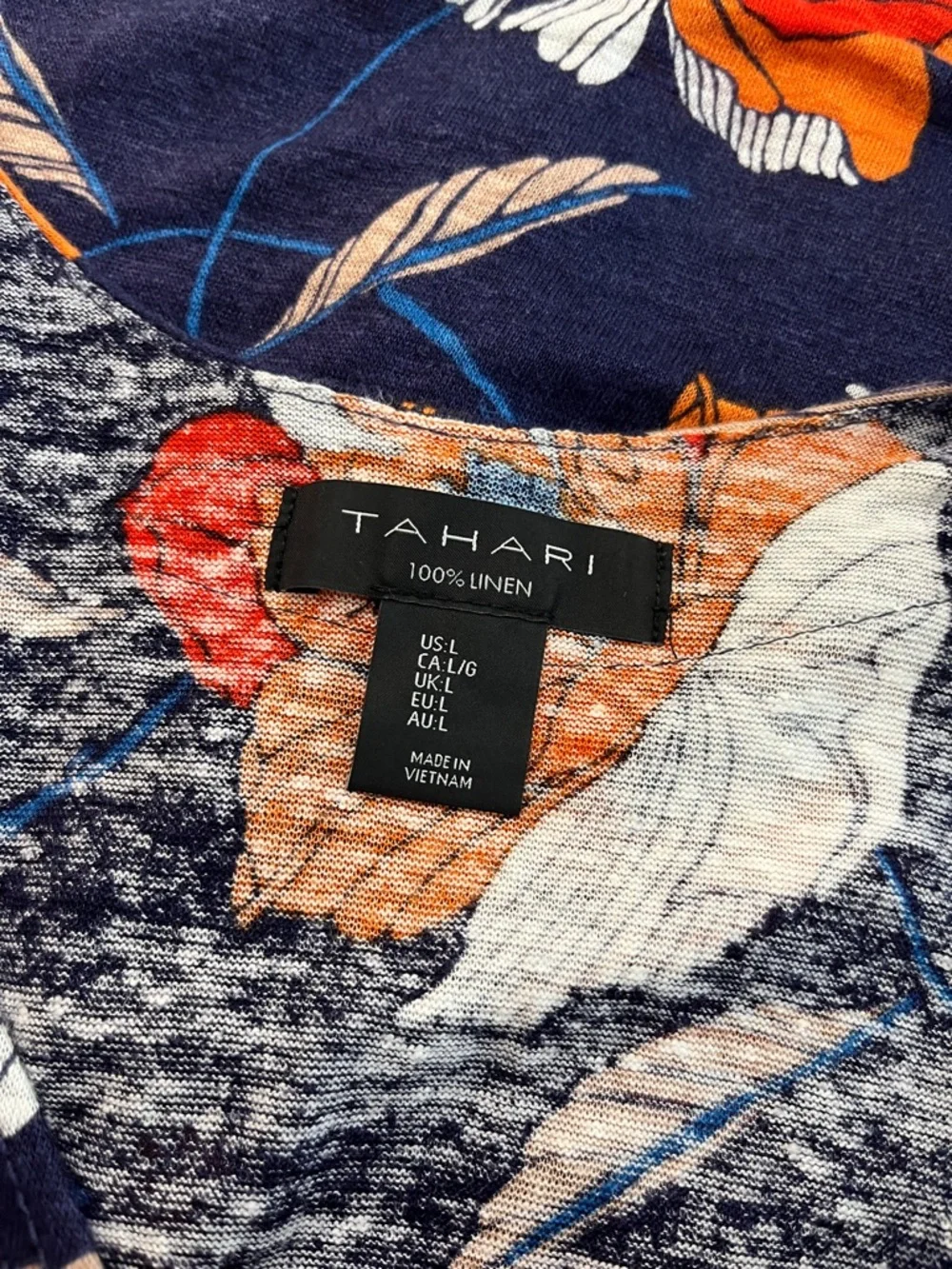 Tahari Navy Floral Button Front Blouse with Orange & White Blooms - Picture 3 of 5